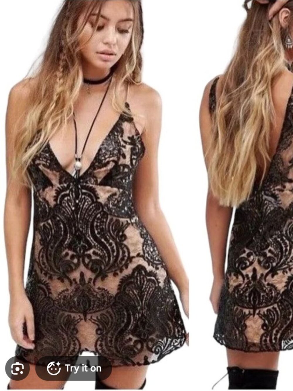 Free People Night Mini Dress Shimmer Black Mini Dress Sz 8